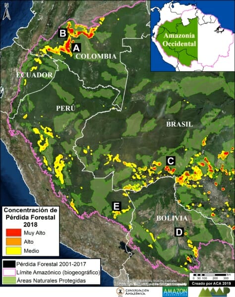 Mapa Base. Hotspots de deforestación del 2018 en la Amazonía Occidental. Datos: Hansen/UMD/Google/USGS/NASA, GFW, SERNANP, SNAP, SINAP, SERNAP, RAISG