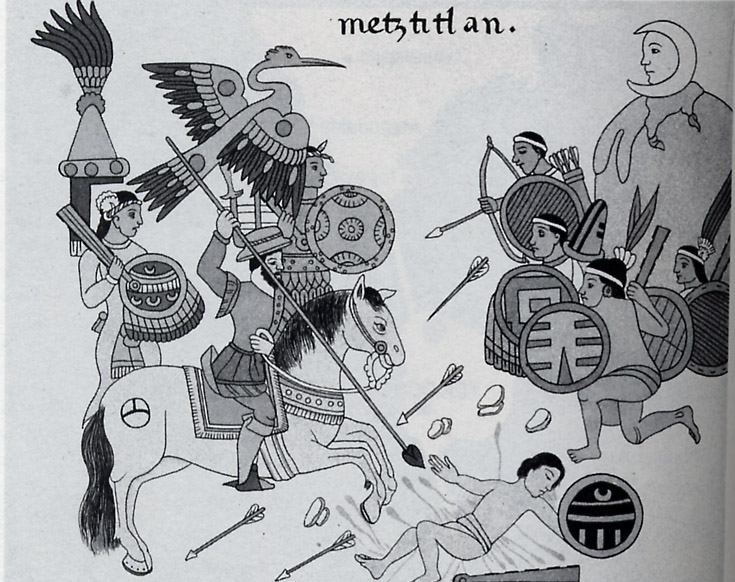 Pintura de la derrota española en Metztitlan en el Lienzo de Tlaxcala, códice del siglo XVI. Fuente: Wikipedia